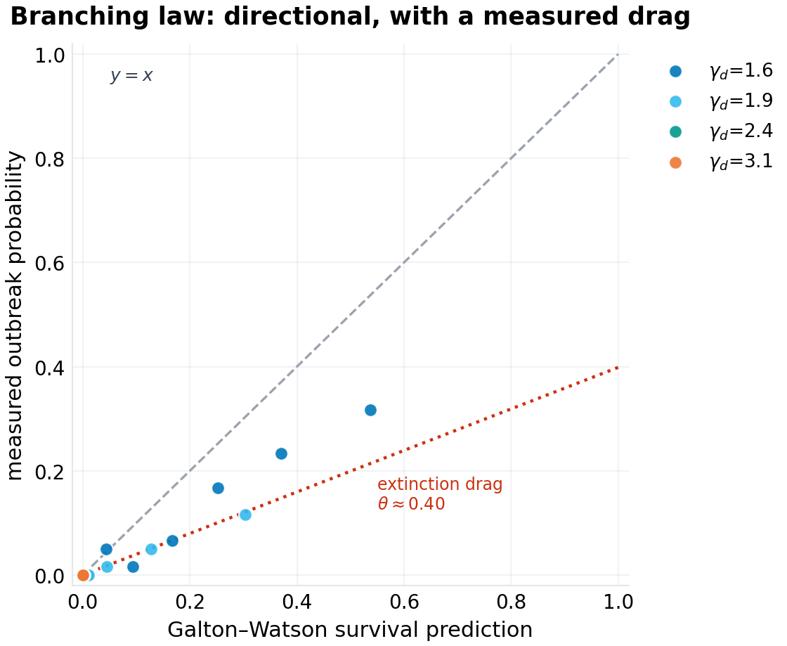 Measured outbreak probability vs the Galton–Watson survival prediction across 28 configurations. Points track the diagonal with a systematic shortfall: the extinction drag $\theta \approx 0.4$–$0.6$. The law locates thresholds and preserves ordering; it over-predicts danger by a factor the paper measures rather than hides.